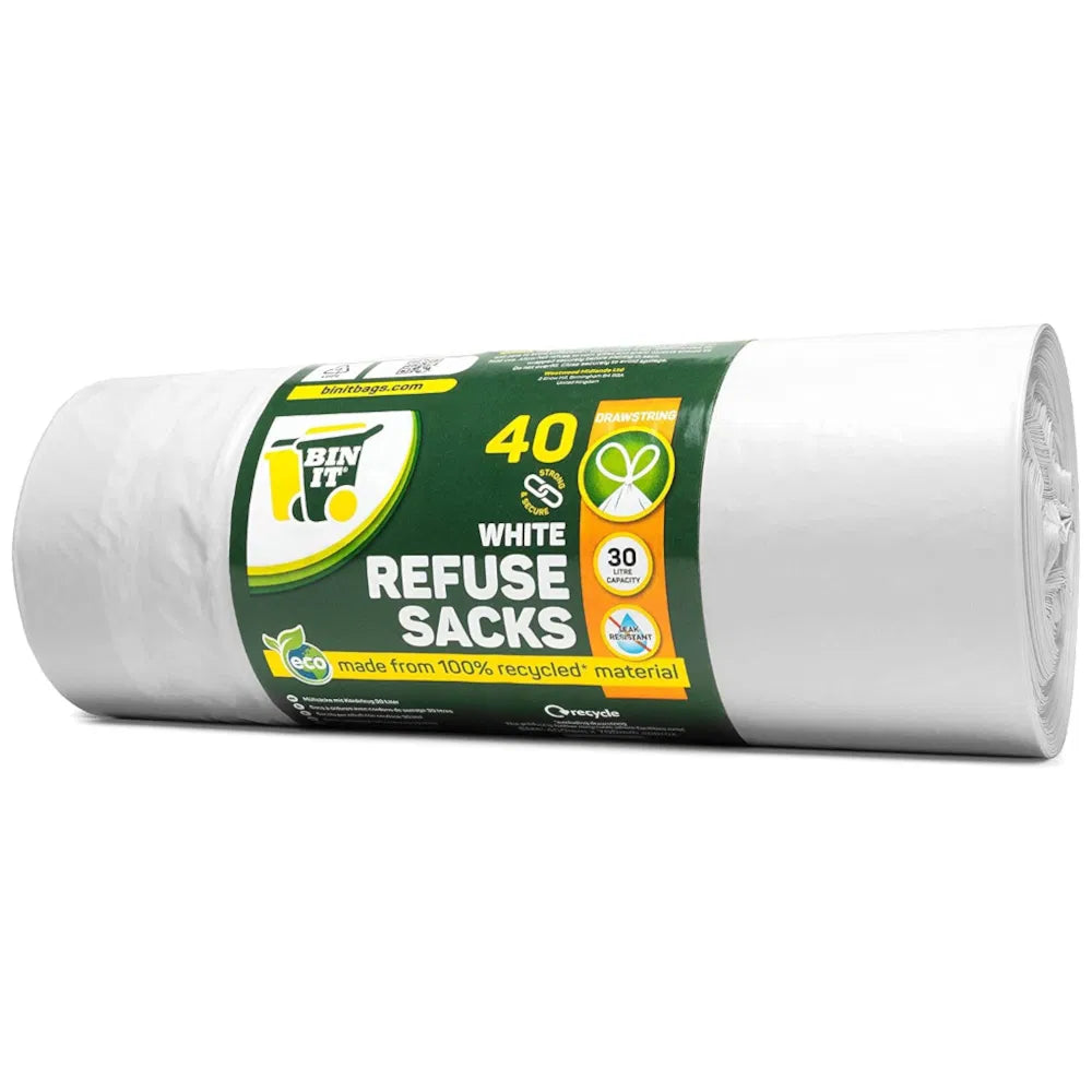Drawstring Bin Liners - White - 30 Litre - 40 Bags | Convenient and Secure Waste Disposal