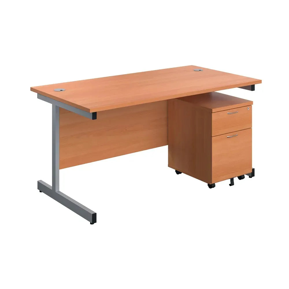 Single Desk with 3 Drawer Pedestal - Beech/Silver Office Desk